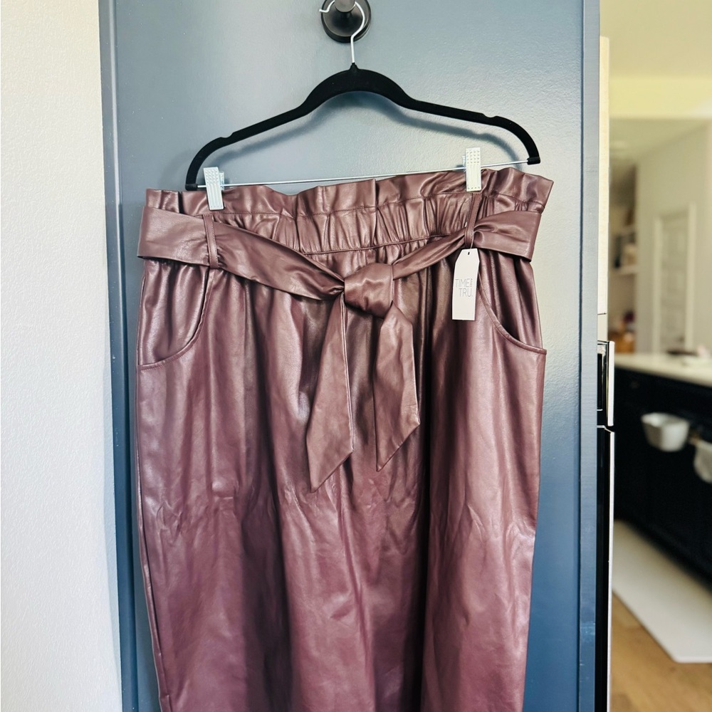 Time and Tru Chocolate Faux Leather Skirt with Bow Accent